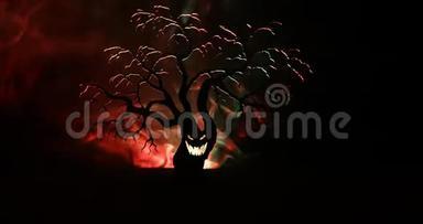 可怕的万圣节树的剪影，可怕的脸在黑暗的雾色调的背景，月亮在背面。 恐怖树与恐怖树